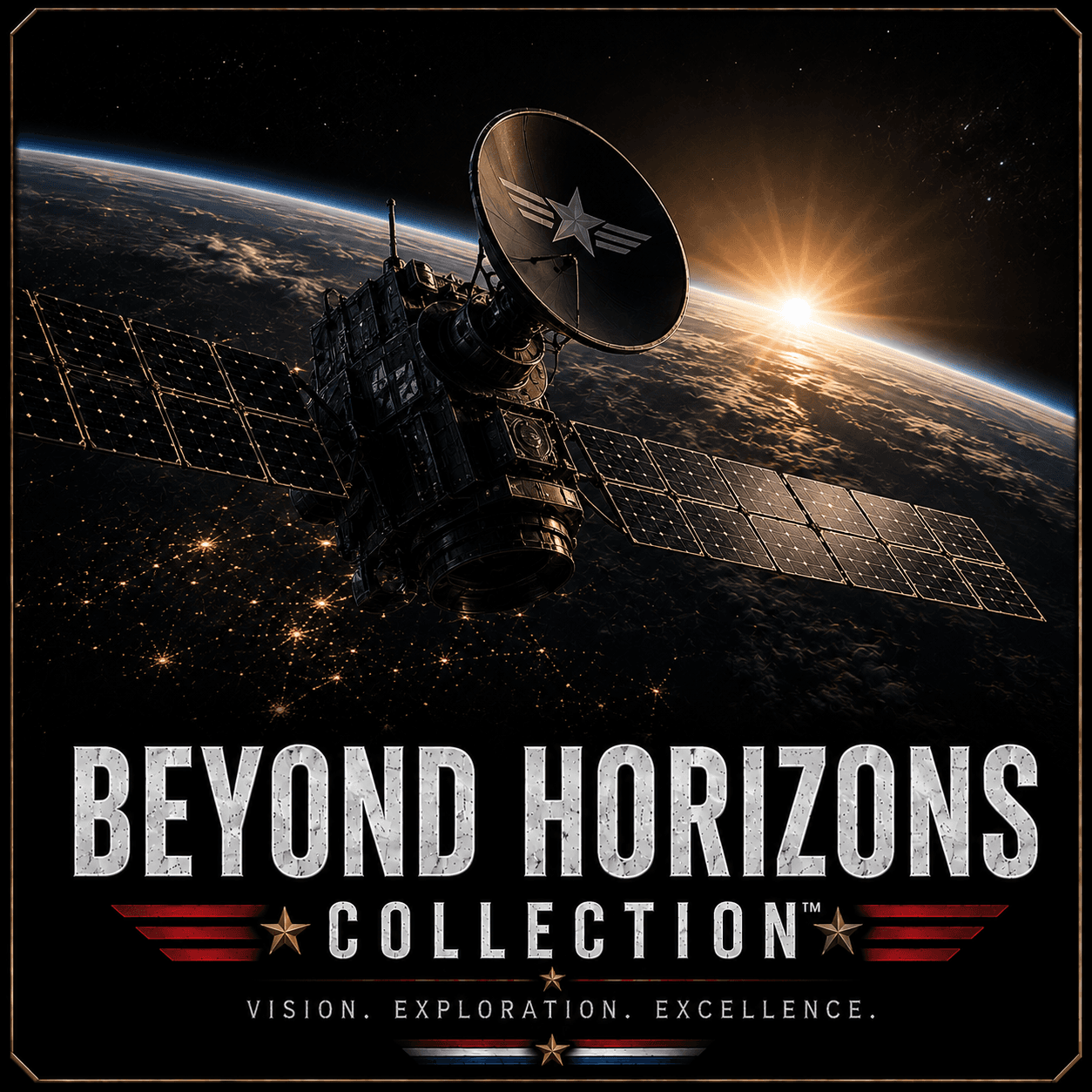 A satellite in orbit above the earth at sunrise, from the Beyond Horizons collection artwork