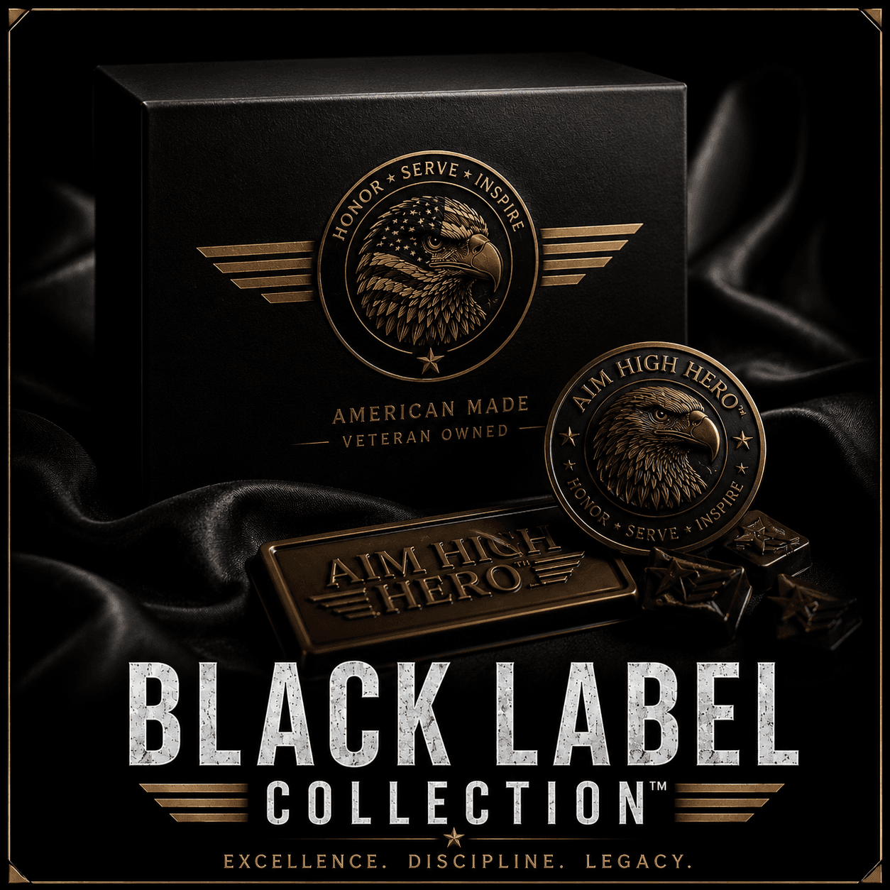 Black Label Collection artwork: a black presentation box with a gold challenge coin and an engraved chocolate bar