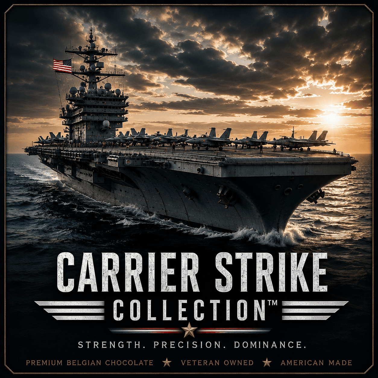 Carrier Strike collection artwork: an aircraft carrier under way at sunset