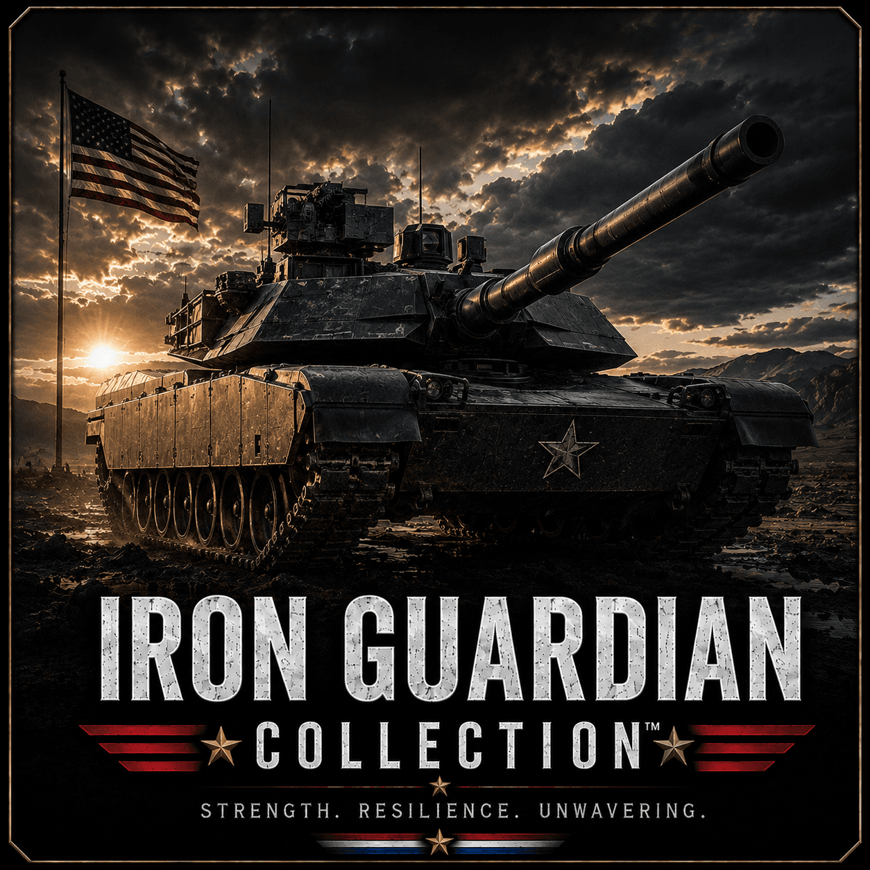 Iron Guardian collection artwork: a main battle tank at dusk beneath an American flag