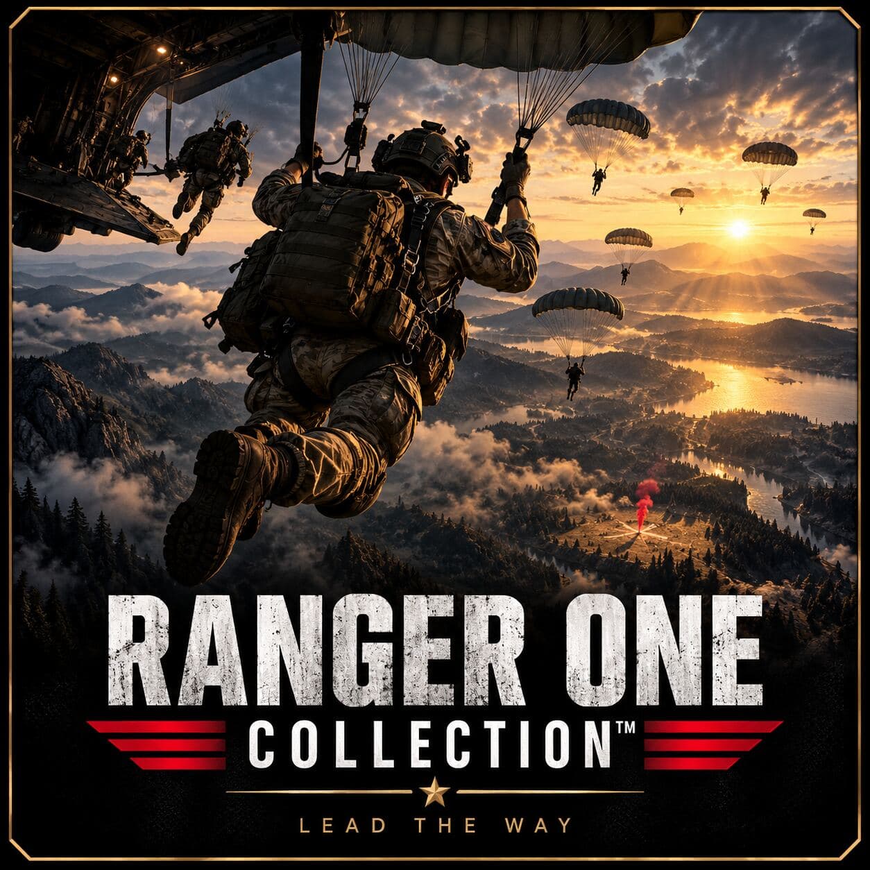 Illustrated Ranger One Collection artwork showing an airborne training scene and parachutists at sunrise