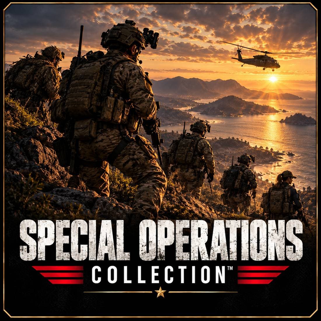 Illustrative Special Operations team on a coastal ridge at sunset with a helicopter and distressed collection title