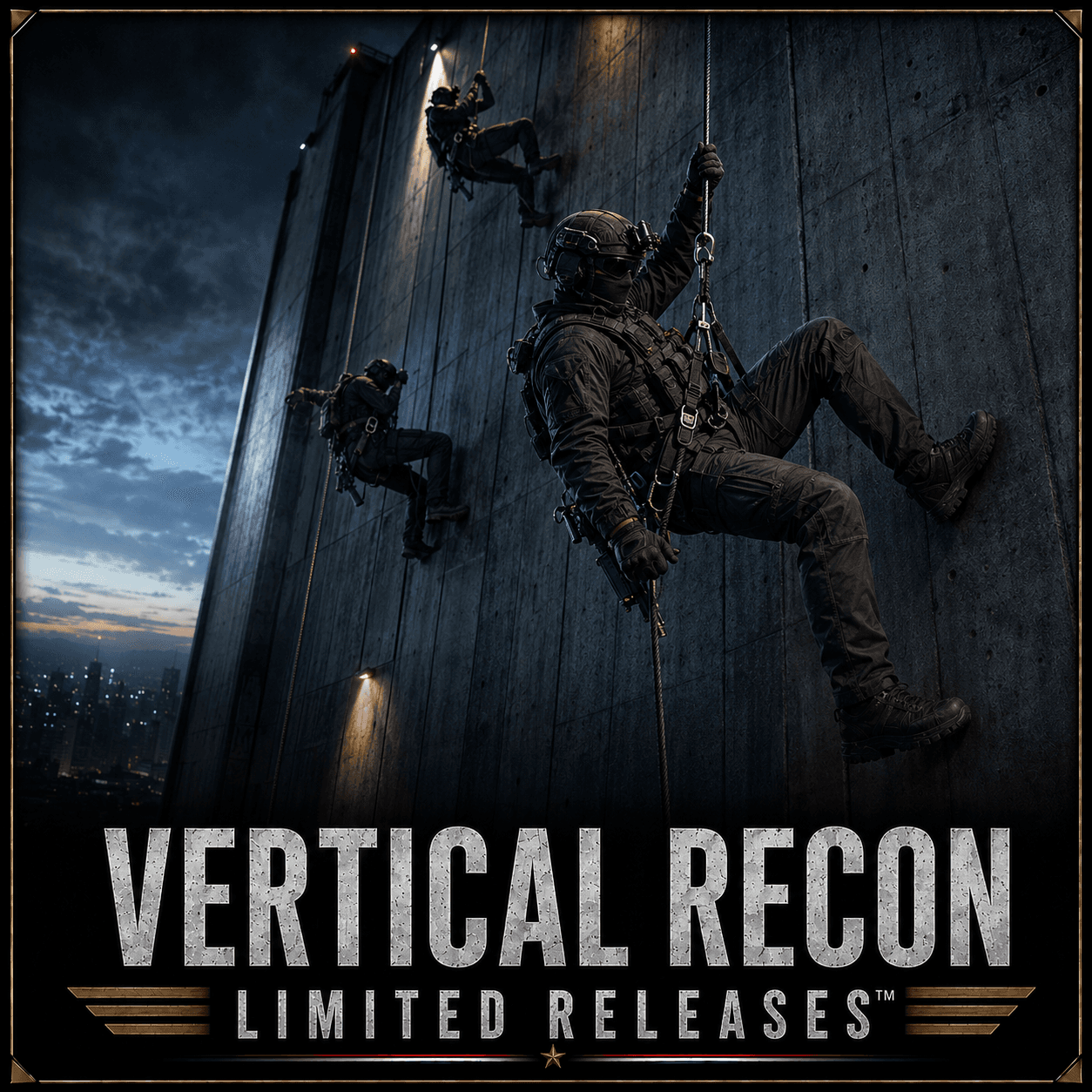 Vertical Recon artwork: operators descending a vertical face at night above a city skyline