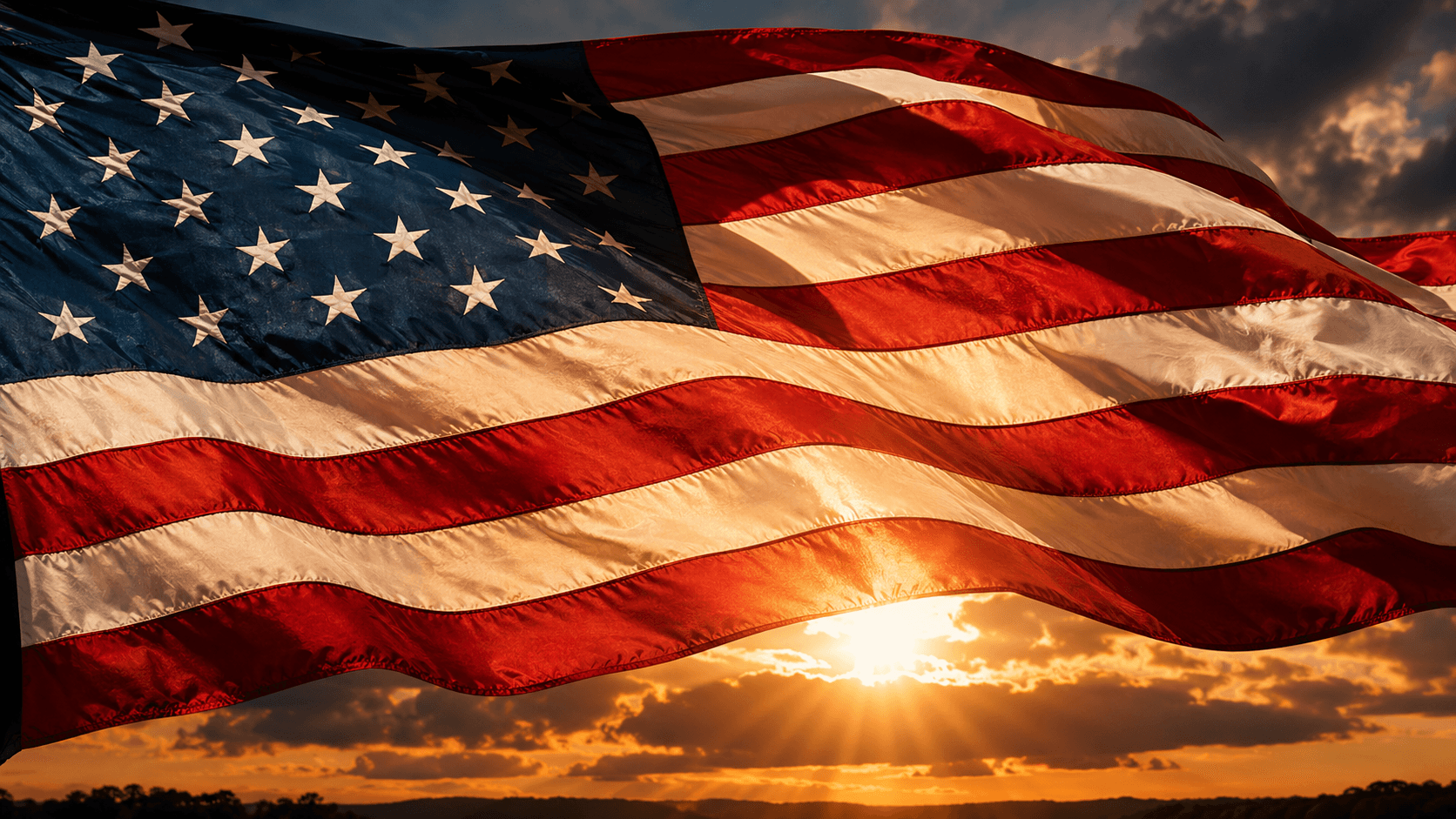 The American flag in full wind against a low sunset