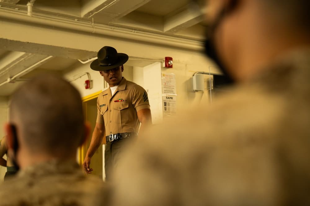 U.S. Marine Corps senior drill instructor speaks to new recruits at MCRD San Diego