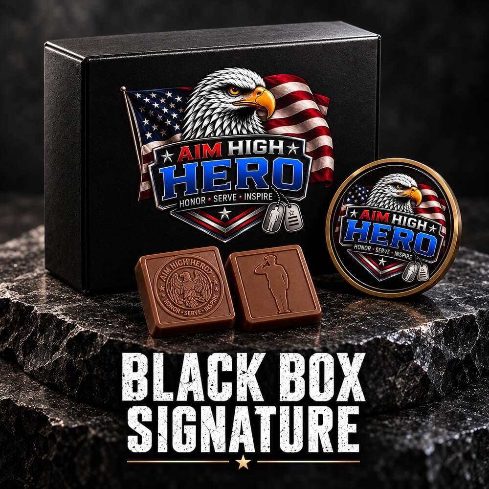 Black Box Signature collection with the Aim High Hero eagle logo on the chocolate gift box and challenge coin