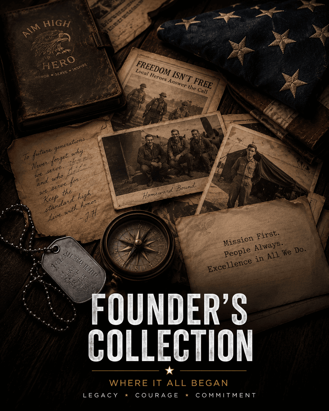 Founders Collection artwork with historic service photographs, a folded American flag, and Aim High Hero insignia