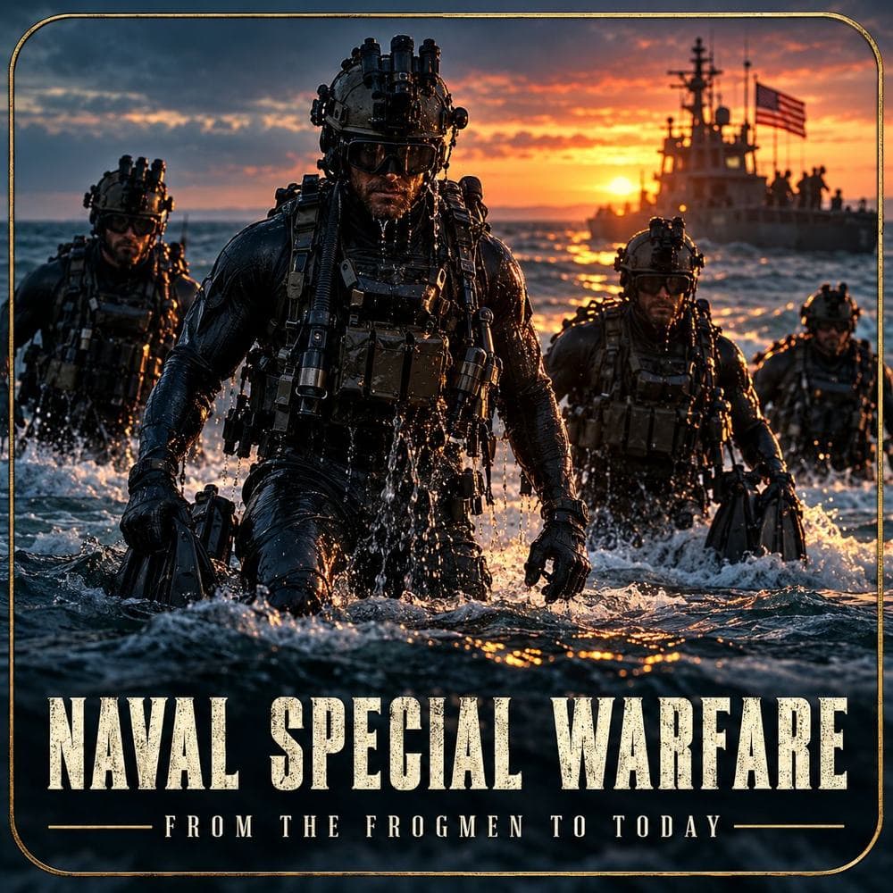 Illustrative Naval Special Warfare artwork showing a maritime team emerging from the surf