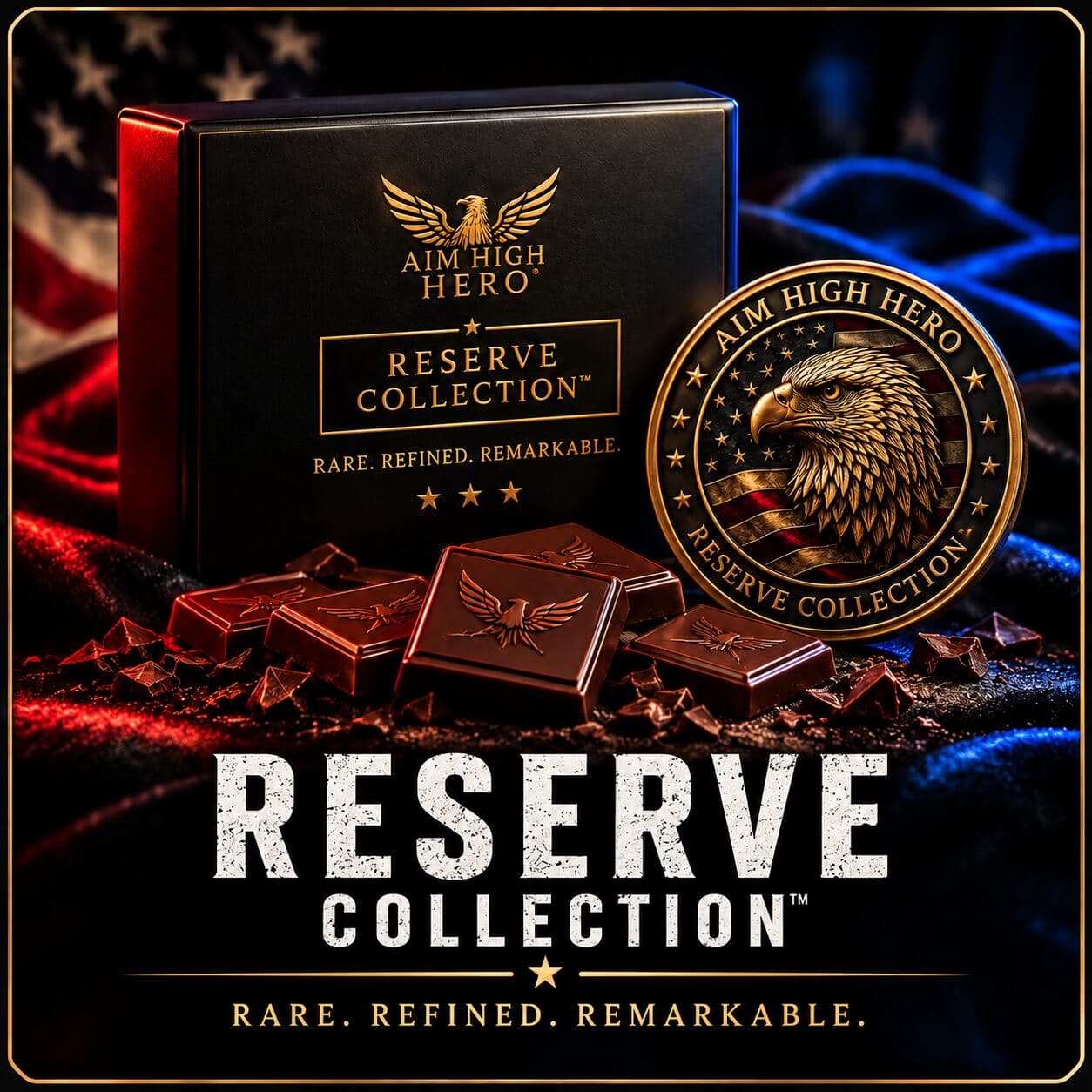 Reserve Collection concept artwork with a black gift box, challenge coin and chocolate pieces