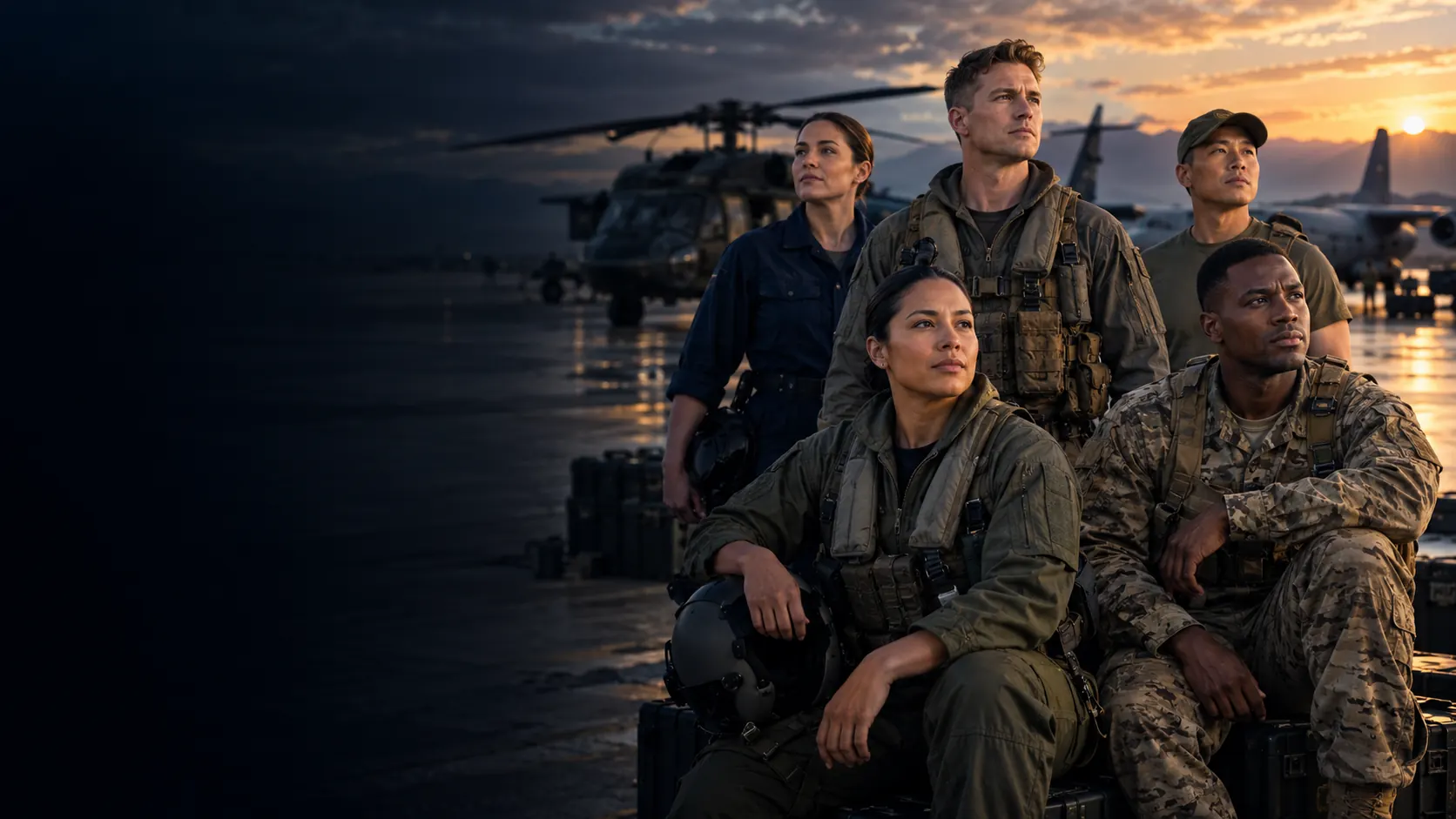 Illustrative scene of a diverse group of service members at an airfield