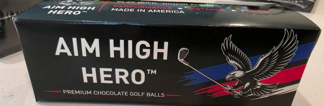 The matching Aim High Hero eagle presentation box for the chocolate golf balls