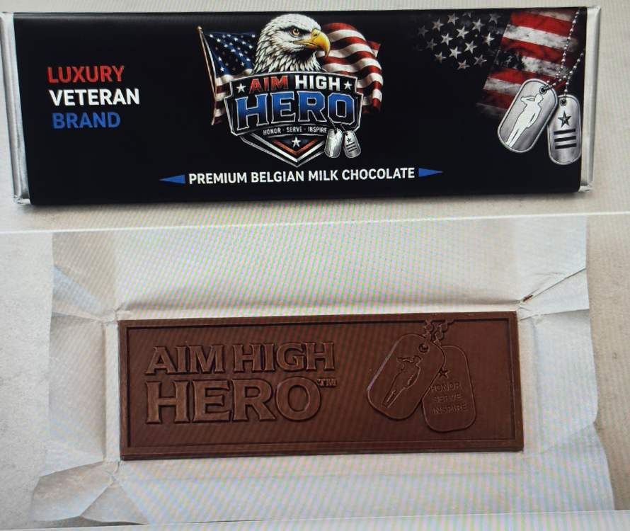 Actual Aim High Hero engraved chocolate bar with its wrapper opened