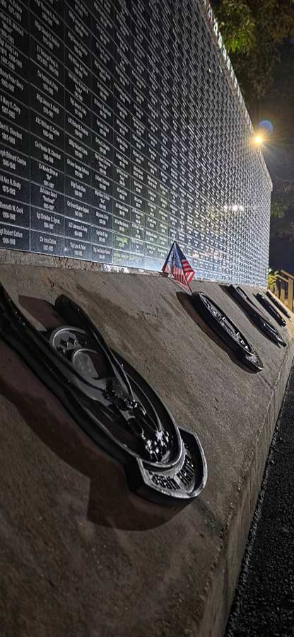 Memorial wall with engraved names and service emblems at night