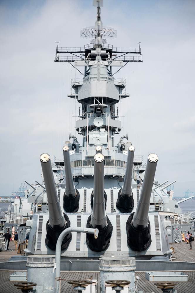 Forward guns and superstructure of a historic U.S. Navy battleship