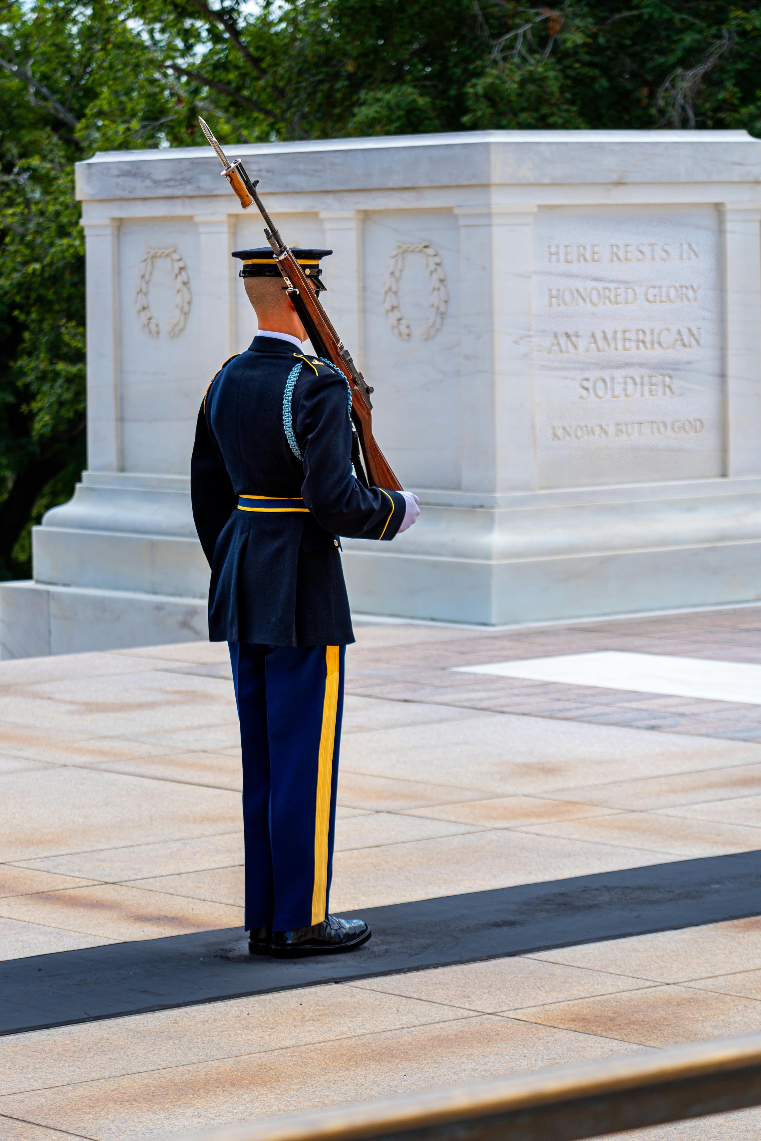 An Army guard standing watch at the Tomb of the Unknown Soldier